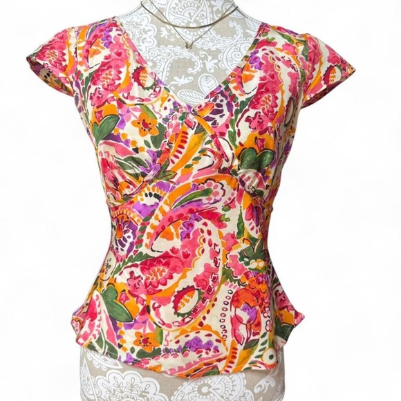 Crazy Horse Liz Claiborne Silk Blouse Petite 4 Floral Paisley Wrap Peplum Top - Picture 2 of 6